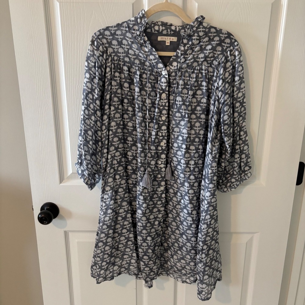 Marea Women Blue White Block Print Cotton Tassel Mini Dress Medium Boho Ruffle